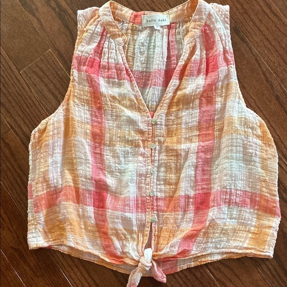 Bella Dahl Pink plaid Sleeveless Tie Front Tank Top - Picture 1 of 4